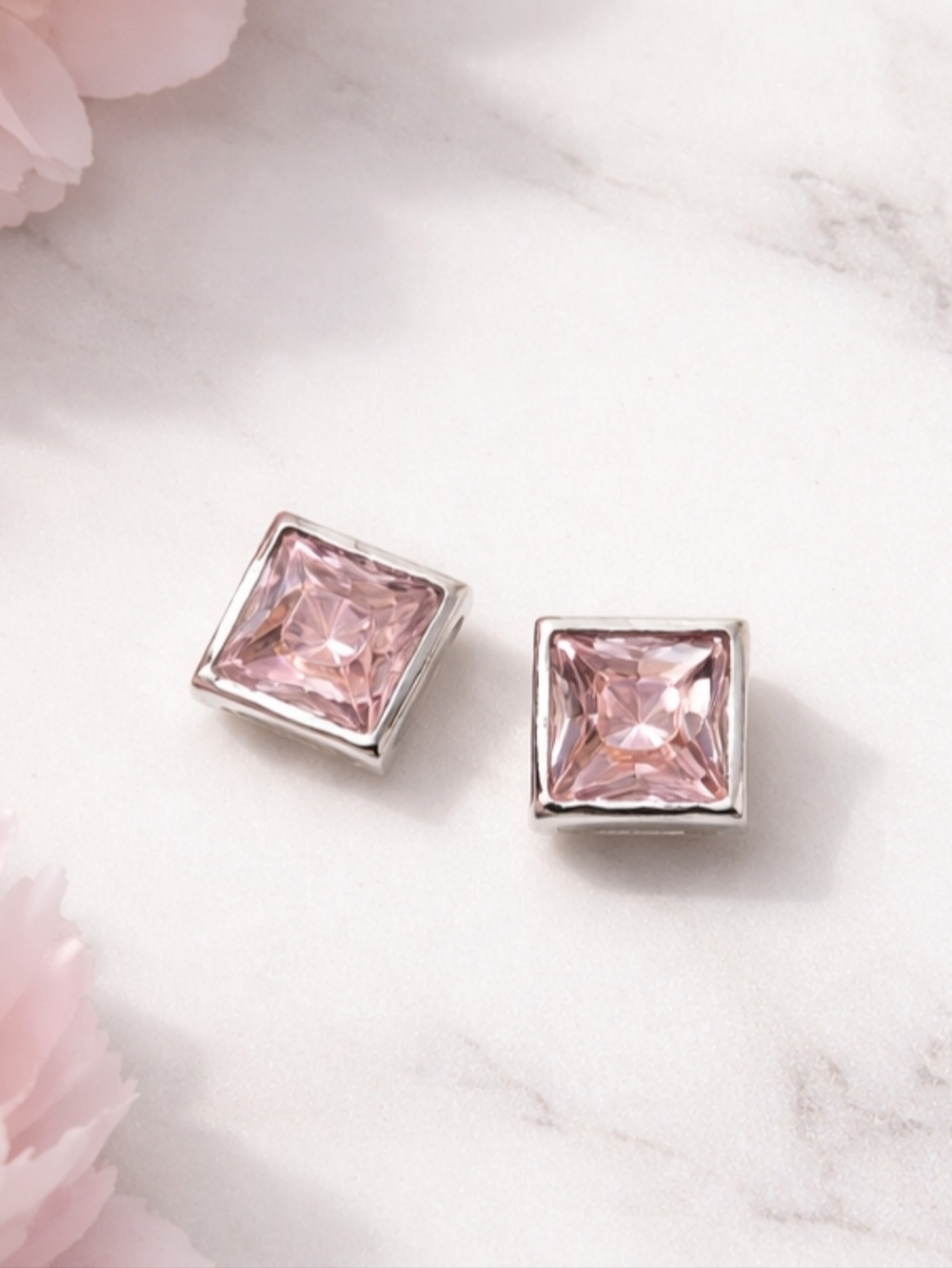 925 Sterling Silver Pink Square CZ Stud Earrings